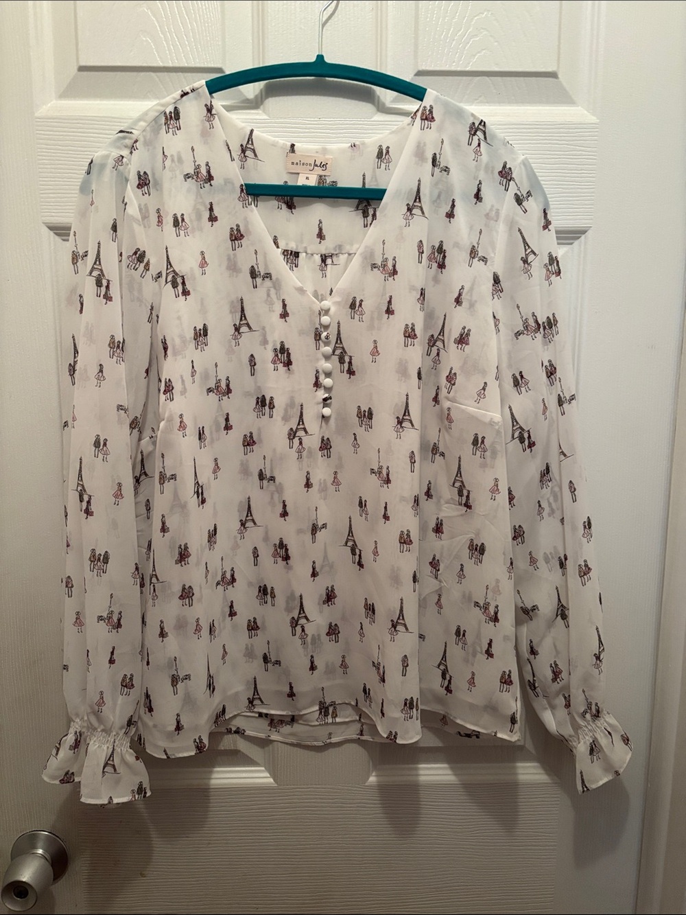 Maison Jules White Eiffel & Figure V-Neck Blouse
